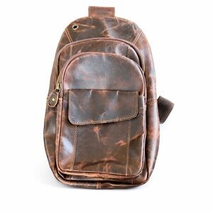 Distressed Brown Genuine Leather Sling Backpack Crossbody Bag Vintage Travel